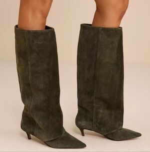 STEVE MADDEN LUCA KITTEN HEEL KNEE HIGH BOOTS OLIVE SUEDE